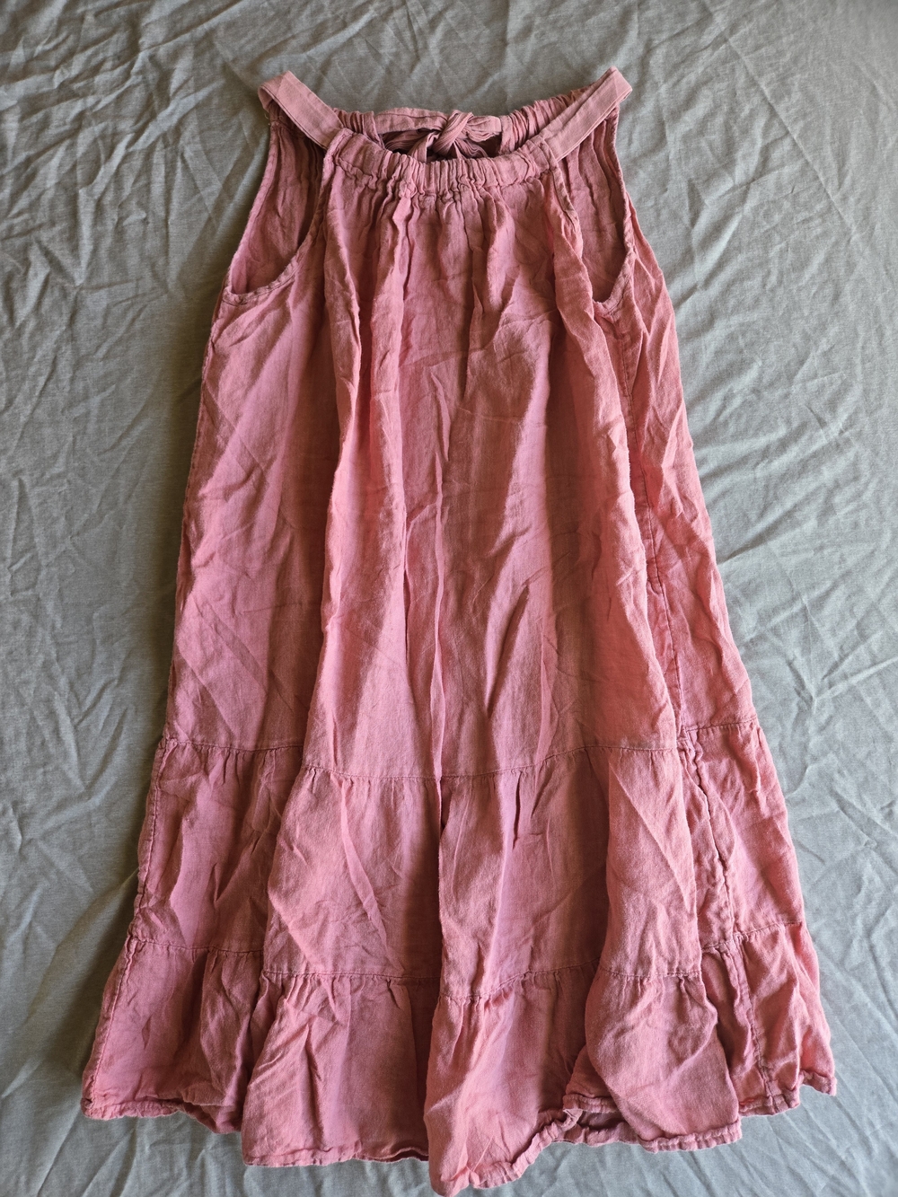 Bellambia Made in Italy Pink 100% Linen Sleeveless Tiered Halter Midi Dress LG